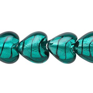 Bead, lampworked glass, teal and black with silver-colored foil, 15x15mm puffed heart with lines. Sold per 15-1/2" to 16" strand.
