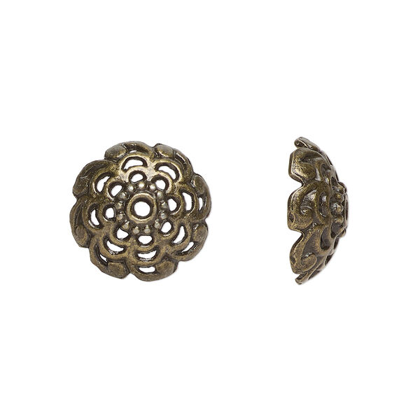 Bead cap, antiqued brass-finished "pewter" (zinc-based alloy), 15x6mm open flower round, fits 12-13mm beads. Sold per pkg of 20. image number 0