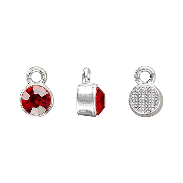 Drop, silver-finished "pewter" (zinc-based alloy) and glass rhinestone, ruby red, 8mm faceted round, July birthstone. Sold per pkg of 4. image number 0