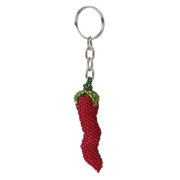 Keychain, nylon / glass / stainless steel, red and green, 65x17x15mm chili pepper, 4-1/4 inches with split ring. Sold individually. image number 0