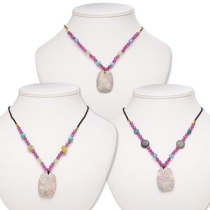 Multi-gemstone / acrylic / glass 1pkg3, barrel pendant necklace mix continuous loop 20 inch 36x26mm-38x28mm