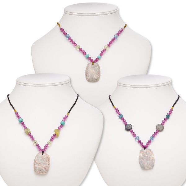 Multi-gemstone / acrylic / glass 1pkg3, barrel pendant necklace mix continuous loop 20 inch 36x26mm-38x28mm image number 0