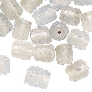 Bead mix, lampworked glass, translucent clear and pale blue, 10x8mm textured round tube. Sold per pkg of 40 beads.