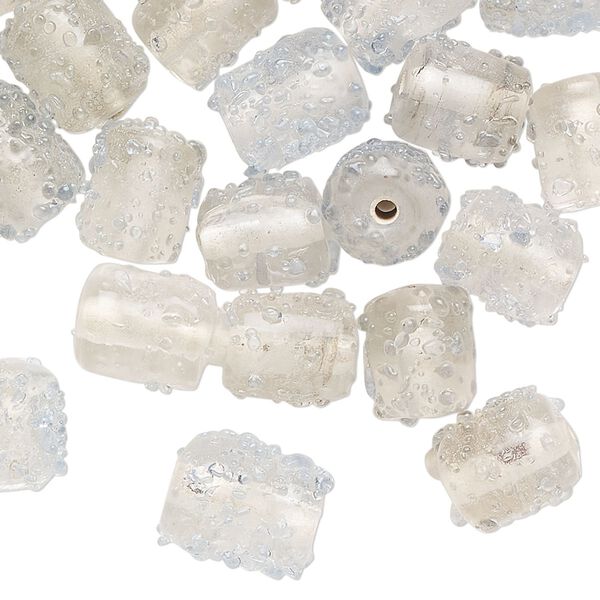 Bead mix, lampworked glass, translucent clear and pale blue, 10x8mm textured round tube. Sold per pkg of 40 beads. image number 0