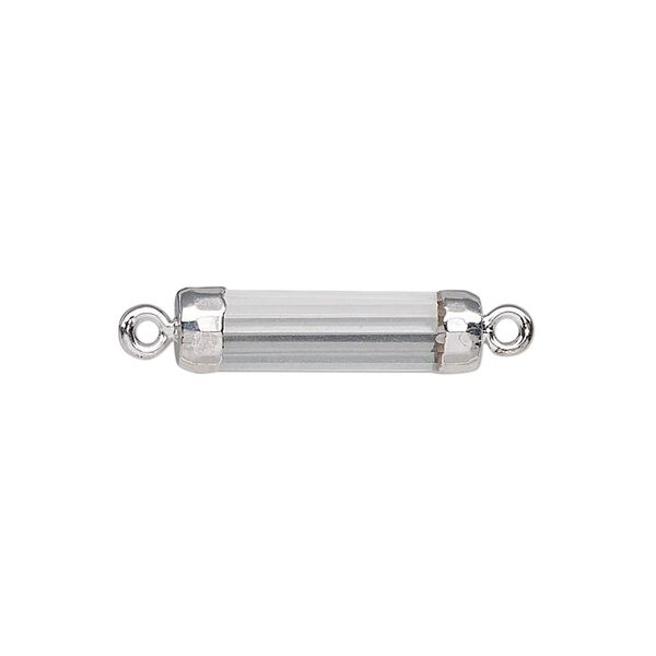 Link, quartz crystal (natural) / electroplated silver / silver-plated sterling silver, 20x5mm-21x6mm hand-cut faceted tube. Sold individually. image number 0