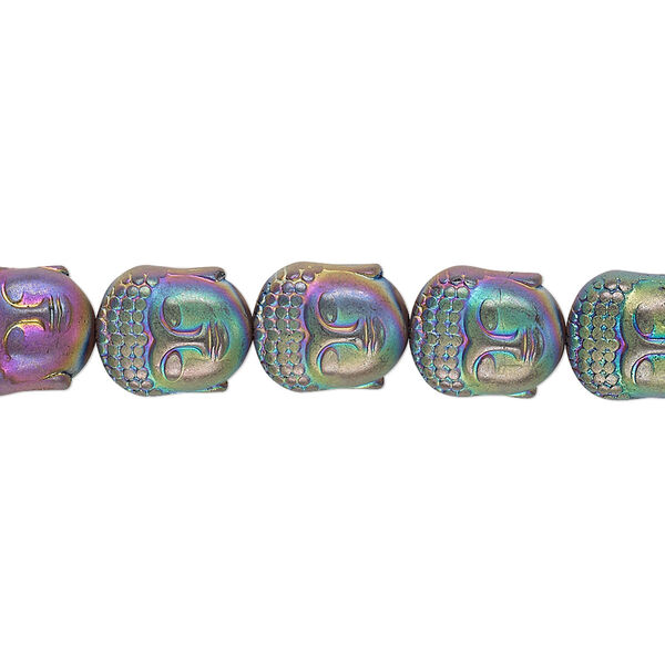 Bead, electroplated Hemalyke™, matte rainbow, 10x9mm Buddha head. Sold per 15-1/2" to 16" strand. image number 0