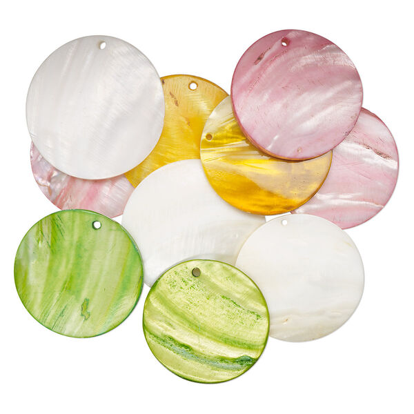 Focal mix, mother-of-pearl shell (natural / dyed), multicolored, 50mm round, Mohs hardness 3-1/2. Sold per pkg of 10. image number 0