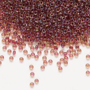 Seed bead, Miyuki, glass, pkg/25g, #11 rocaille, translucent wine-lined luster peridot (RR-336).