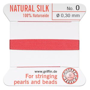 Thread, Griffin, silk, red, size #0. Sold per 2-meter card (approximately 78 inches).