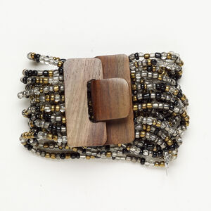 Bracelet 1pkg1, stretch 16-strand, elastic / glass / wood, multicolored, 2 inches wide, 6 inches with hook-and-eye clasp.