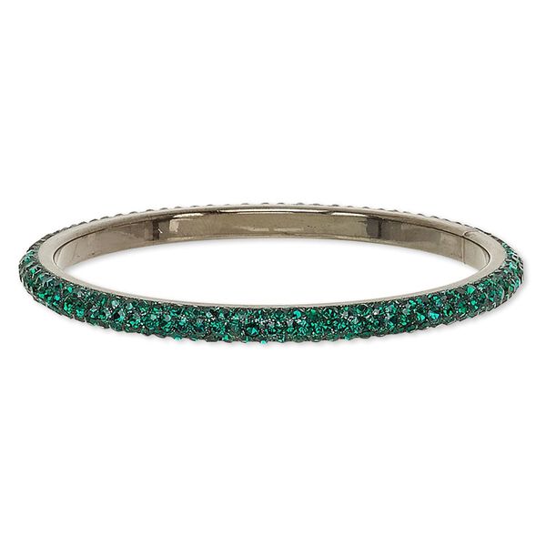 Bracelet, bangle, epoxy / Preciosa glass rhinestone / gunmetal-plated brass, black and emerald green, 6mm wide, 8-1/2 inches. Sold individually. image number 0