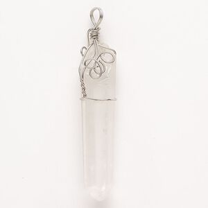 Pendant, quartz crystal (natural) and antique silver-finished "pewter" (zinc-based alloy), 46x8mm-61x15mm wire-wrapped point. Sold individually.