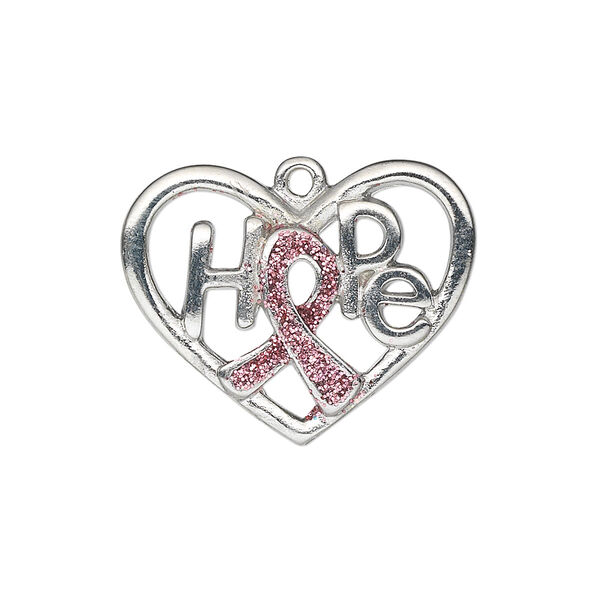 Charm, silver-plated "pewter" (zinc-based alloy) and enamel, pink glitter, 26x20mm open heart single-sided awareness ribbon with "HOPE." Sold individually. image number 0