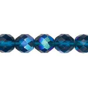 Bead, Czech fire-polished glass, matte blue AB, 10mm faceted round. Sold per 15-1/2" to 16" strand.