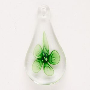 Focal, lampworked glass, pkg/1, green, dark green and clear, 58x30mm-60x31mm top-drilled teardrop with flower.