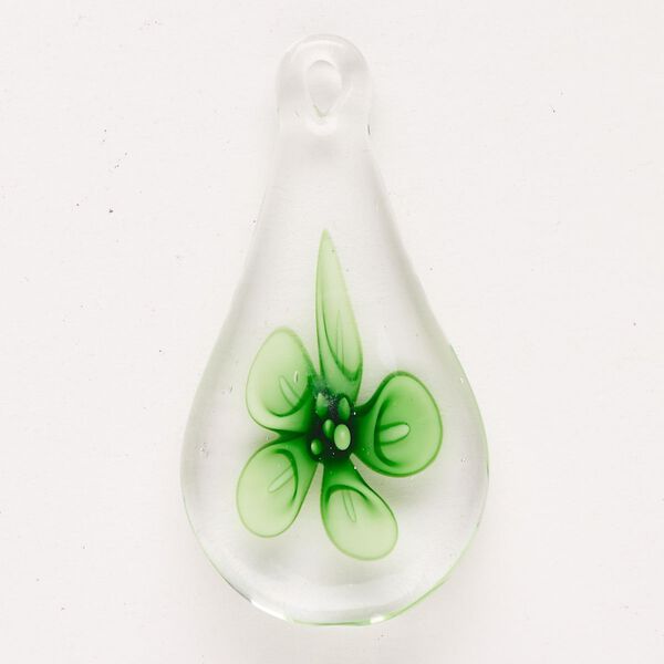 Focal, lampworked glass, pkg/1, green, dark green and clear, 58x30mm-60x31mm top-drilled teardrop with flower. image number 0