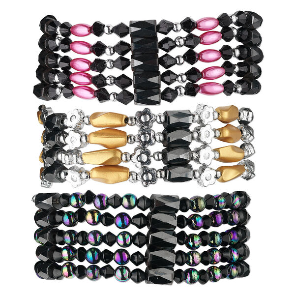 Bracelet mix, Hemalyke™ (man-made) and acrylic, magnetic, pink / bronze / rainbow, mixed size and shape, 34-inch continuous loop. Sold per pkg of 3. image number 0