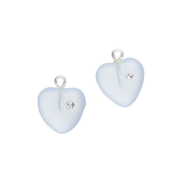 Drop 1pkg2, silver-plated brass / glass / cubic zirconia, translucent light blue and clear, 11mm frosted heart. image number 0