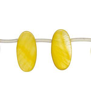 Bead, mother-of-pearl shell (dyed), golden yellow, 19x7mm-20x10mm top-drilled flat oval, Mohs hardness 3-1/2. Sold per 13-inch strand, approximately 20 beads.