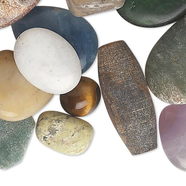 Bead and component mix, multi-gemstone (natural / dyed / manmade) and glass, mixed colors, 10mm-58x34mm mixed shape. Sold per pkg of 1 pound, approximately 50-70 beads. image number 0