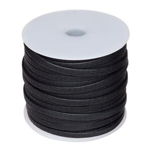 Cord, waxed cotton, black, 4mm flat. Sold per 25-meter spool.