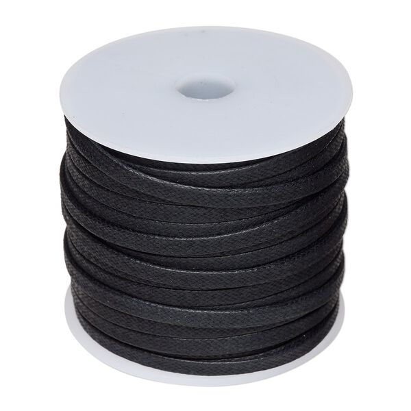 Cord, waxed cotton, black, 4mm flat. Sold per 25-meter spool. image number 0