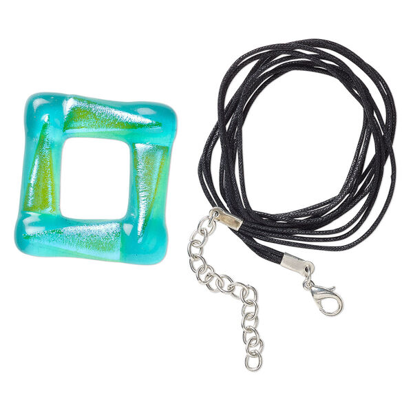 Focal and neck cord, Paula Radke, waxed cotton cord / dichroic glass / silver-finished "pewter" (zinc-based alloy), green and aqua blue, 39-41mm open square, 17 inches with 2-inch extender chain and lobster claw clasp. Sold per 2-piece set. image number 0