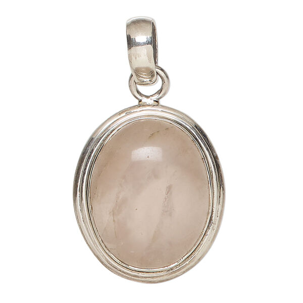 Pendant, rose quartz (natural) and antiqued sterling silver, 26x22mm-30x24mm oval. Sold individually. image number 0