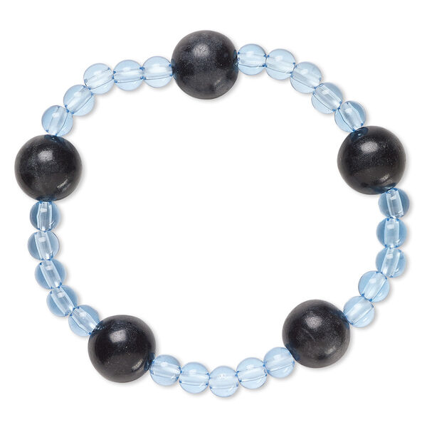Bracelet, stretch, blackstone (dyed) and acrylic, blue, 5mm and 12-13mm round, 6-1/2 inches. Sold individually. image number 0