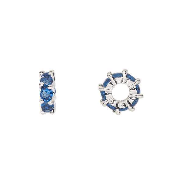 Bead, cubic zirconia and silver-plated brass, sapphire, 10.5x3.5mm rondelle. Sold per pkg of 2. image number 0