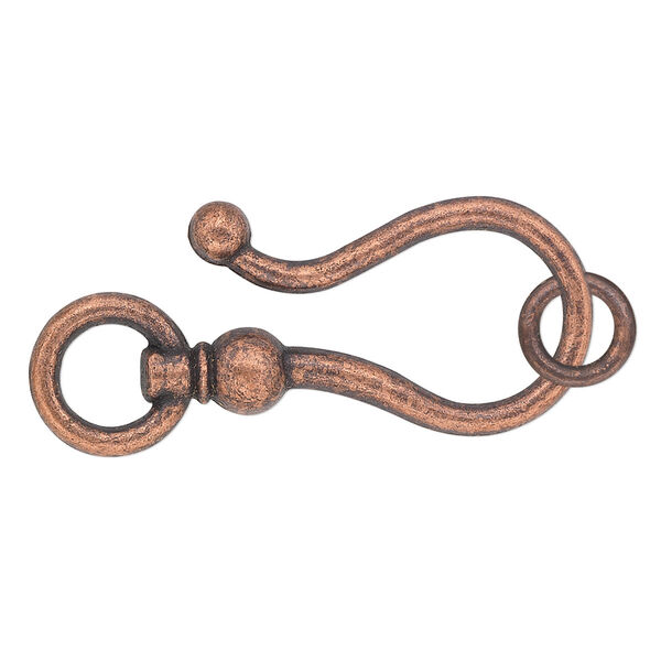 Clasp, hook-and-eye, antique copper-plated "pewter" (zinc-based alloy), 26x16mm double-sided. Sold per pkg of 10. image number 0