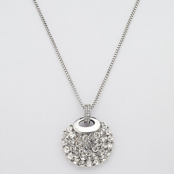 Necklace, glass rhinestone with silver-plated steel and "pewter" (zinc-based alloy), clear, 37mm round, 29 inches with 3-inch extender chain and lobster claw clasp. Sold individually. image number 0
