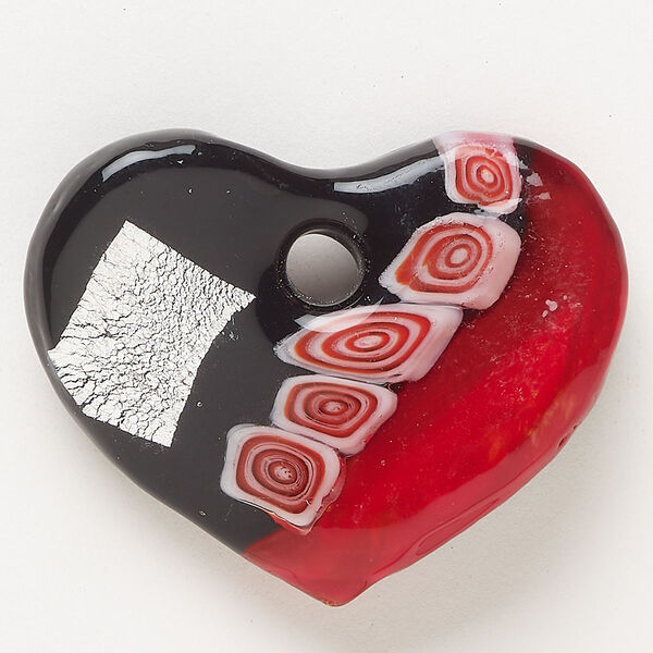 Focal, lampworked glass, opaque red / black / white, 47x37mm-48x39mm wavy heart with silver-colored foil. Sold individually. image number 0