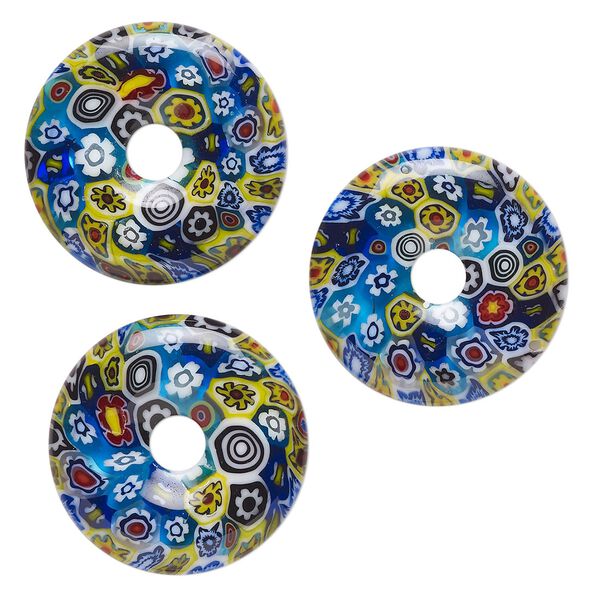 Component, millefiori glass, translucent multicolored, 24-26mm undrilled donut with flower design. Sold per pkg of 3. image number 0