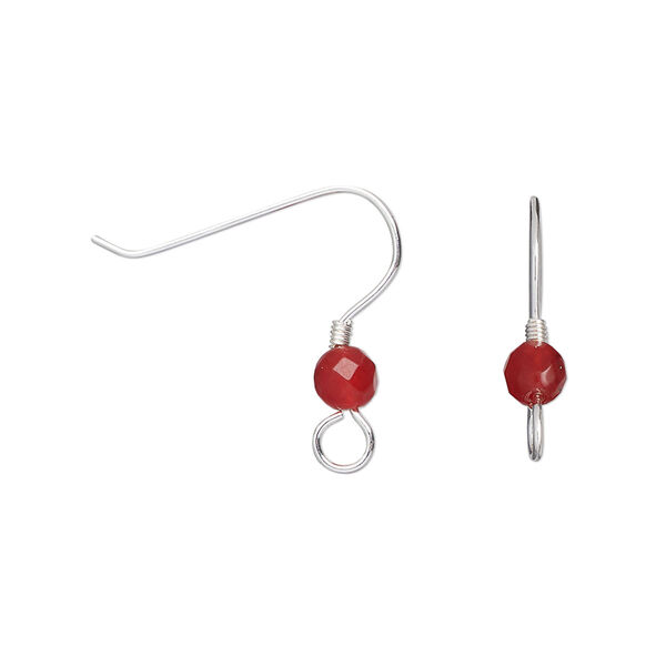 Ear wire, sterling silver and carnelian, 19mm fishhook with 4mm hand-cut faceted round and 2x1.5mm coil with open loop, 21 gauge. Sold per pair. image number 0