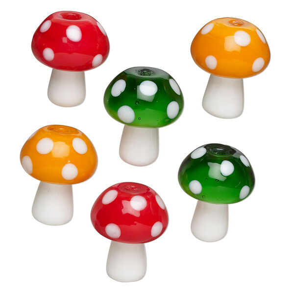 Bead assortment, lampworked glass, opaque white and orange / red / green, 19x14.5mm mushroom. Sold per pkg of 6. image number 0