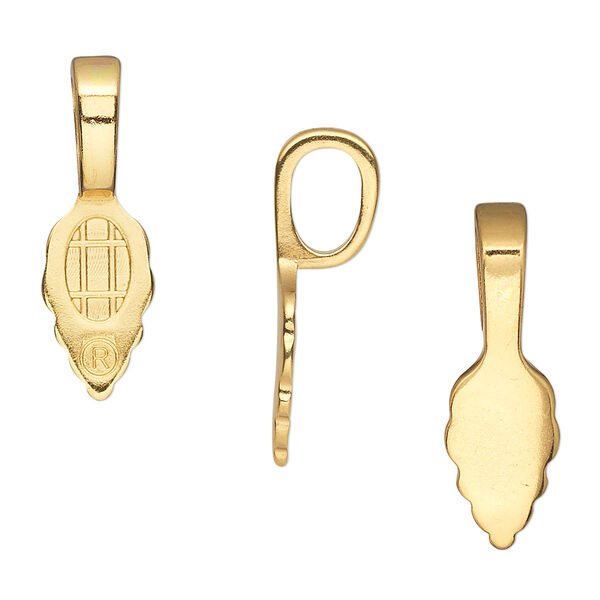 Bail, Aanraku®, glue-on, gold-plated "pewter" (zinc-based alloy), 25x8mm with 13x8mm leaf flat base. Sold per pkg of 25. image number 0