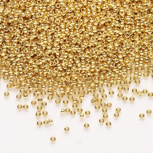 Seed bead, Miyuki, glass, pkg/4g, #15 rocaille, opaque 24Kt gold-plated, (RR-191).