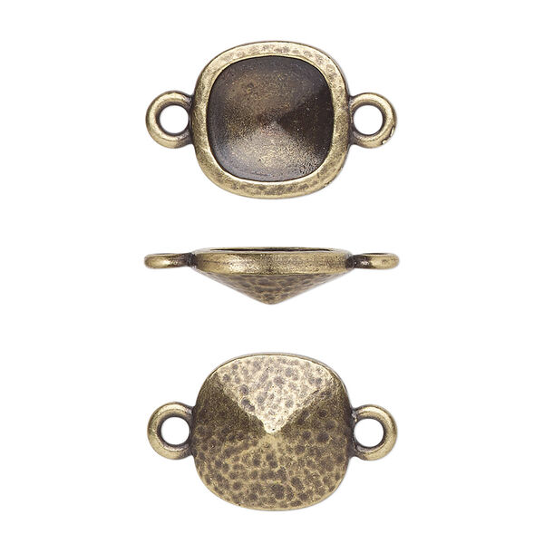 Link, TierraCast®, Almost Instant Jewelry®, antique brass-plated pewter (tin-based alloy), 13mm hammered square with 10mm cushion glue-in setting (4470). Sold per pkg of 20. image number 0