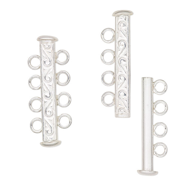 Clasp, JBB Findings, 4-strand slide lock, sterling silver, 27x6mm tube with filigree pattern. Sold individually. image number 0
