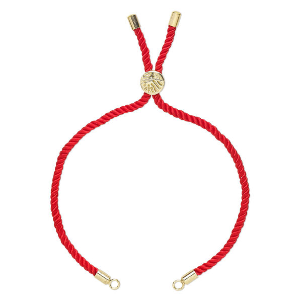 Bracelet component, nylon and gold-finished "pewter" (zinc-based alloy), red, 3mm wide, 8-3/4 inches with 9mm flat round adjustable slider bead with tree of life design and 2 open loops. Sold individually. image number 0