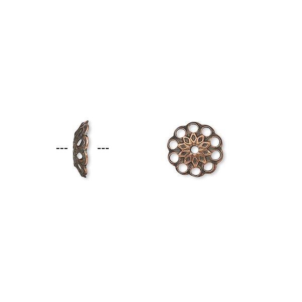 Bead cap, antique copper-plated brass, 8x2mm fancy round with cutouts, fits 8-10mm bead. Sold per pkg of 500. image number 0