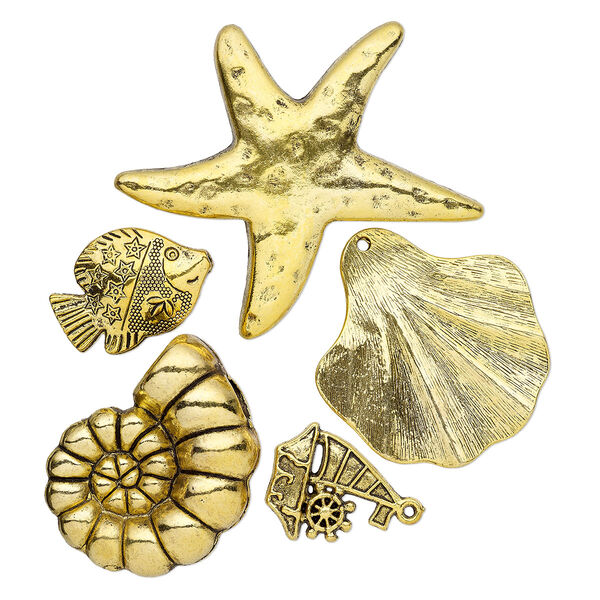 Focal / bead / charm, antique gold-finished "pewter" (zinc-based alloy), 24x22mm-59x55mm single- and double-sided assorted sea life. Sold per pkg of 5. image number 0