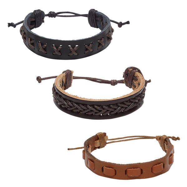 Bracelet mix, leather (dyed) and waxed cotton cord, black / brown / dark brown, 14-18mm wide, adjustable from 7-10 inches with knot closure. Sold per pkg of 3. image number 0
