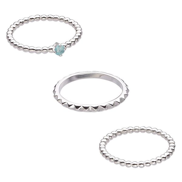 Ring, apatite (natural) and sterling silver, 2mm wide spiked band / 2mm / 4mm wide beaded band, size 8. Sold per 3-piece set. image number 0