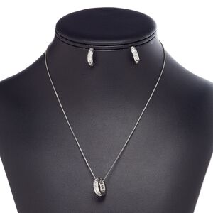 Necklace and earring set, glass rhinestone with silver-plated steel and "pewter" (zinc-based alloy), clear, 16mm open round, 18-inch necklace with 2-inch extender chain and lobster claw clasp, 16mm earrings with post. Sold per set.