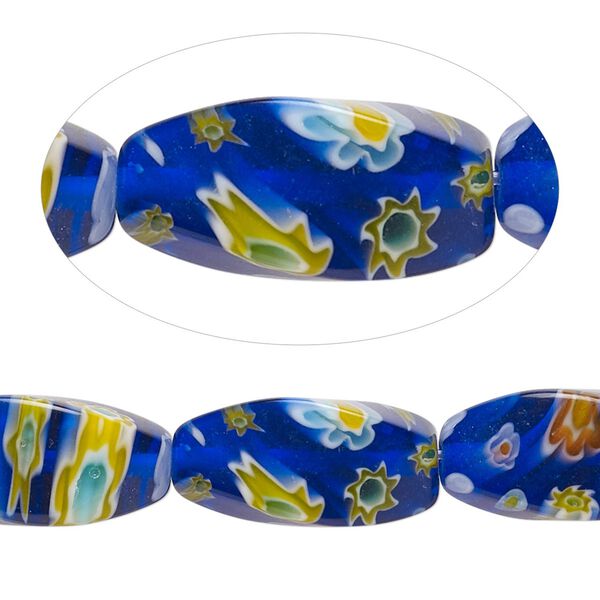 Bead, millefiori glass, translucent cobalt blue / red / multicolored, 20x10mm 4-sided twisted oval. Sold per 15-inch strand, approximately 20 beads. image number 0