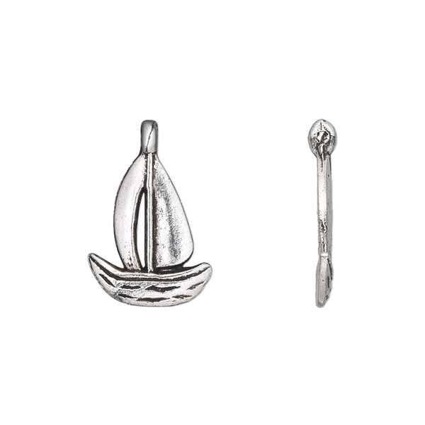 Charm, antique silver-plated "pewter" (zinc-based alloy), 16x13mm single-sided sailboat. Sold per pkg of 20. image number 0