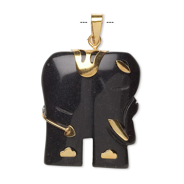 Pendant, blackstone (dyed) and gold-finished "pewter" (zinc-based alloy), 28x23mm-30x25mm single-sided elephant. Sold individually. image number 0