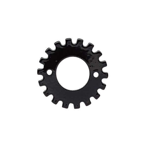 Component, painted steel, black, 21mm gear with 12-14mm rivoli setting and 2 holes, 9.5mm center hole. Sold per pkg of 6. image number 0